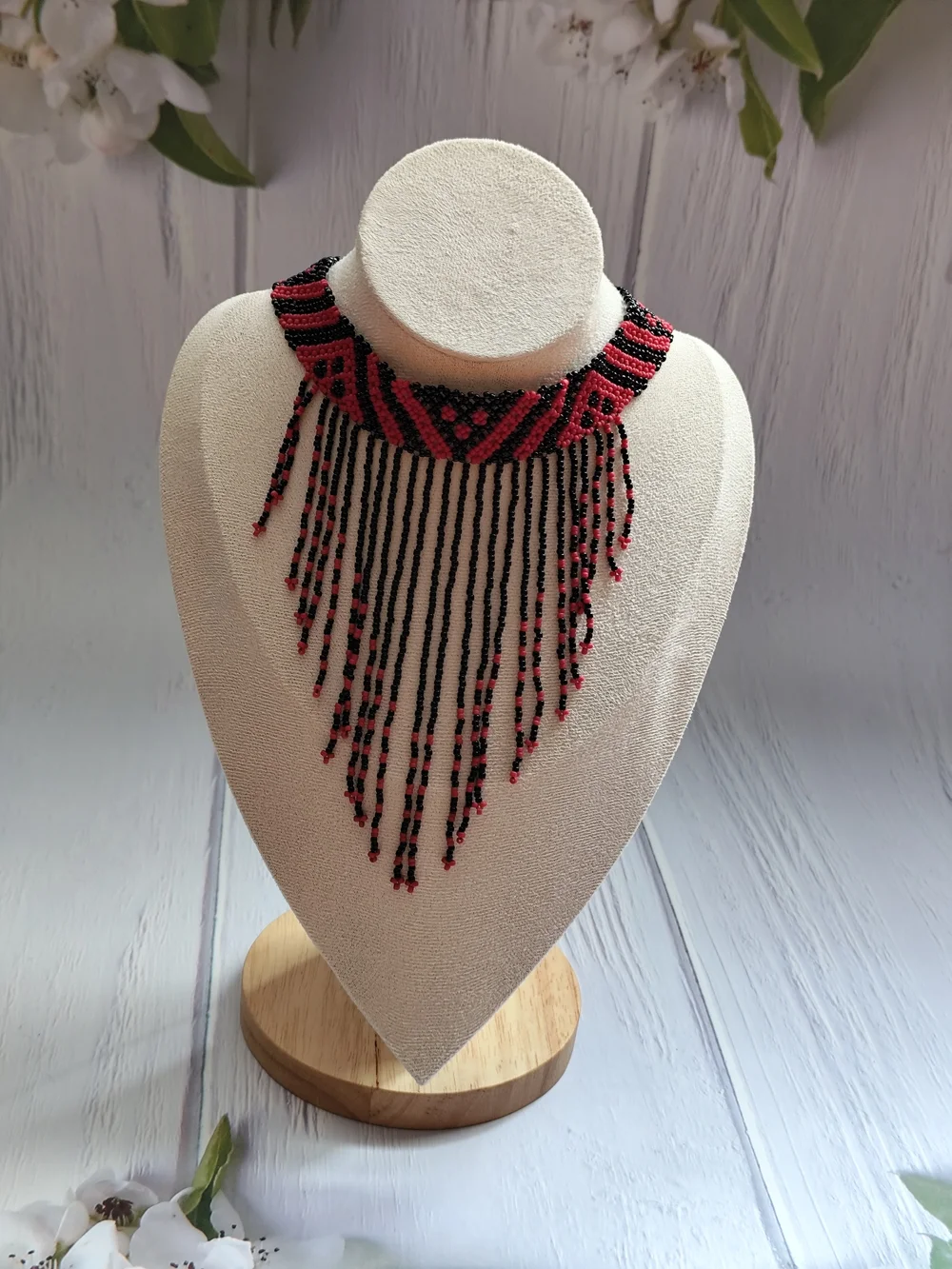 Red and Black Beaded Fringe Statement Necklace